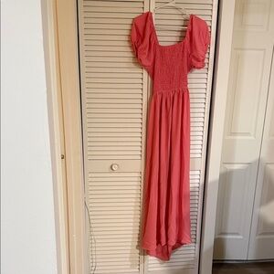 Chic Coral Maxi Dress with Puff Sleeves